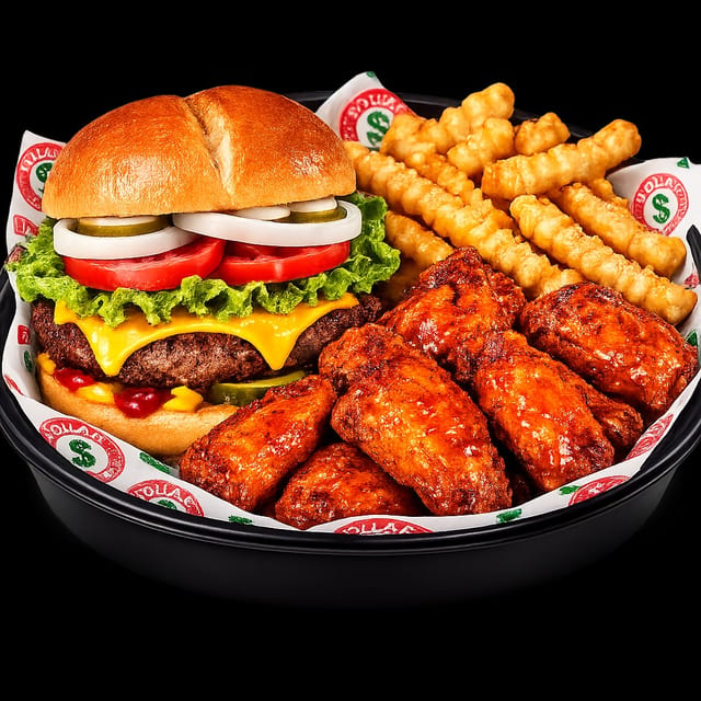 Beef Burger w/ 6 Piece Wings.